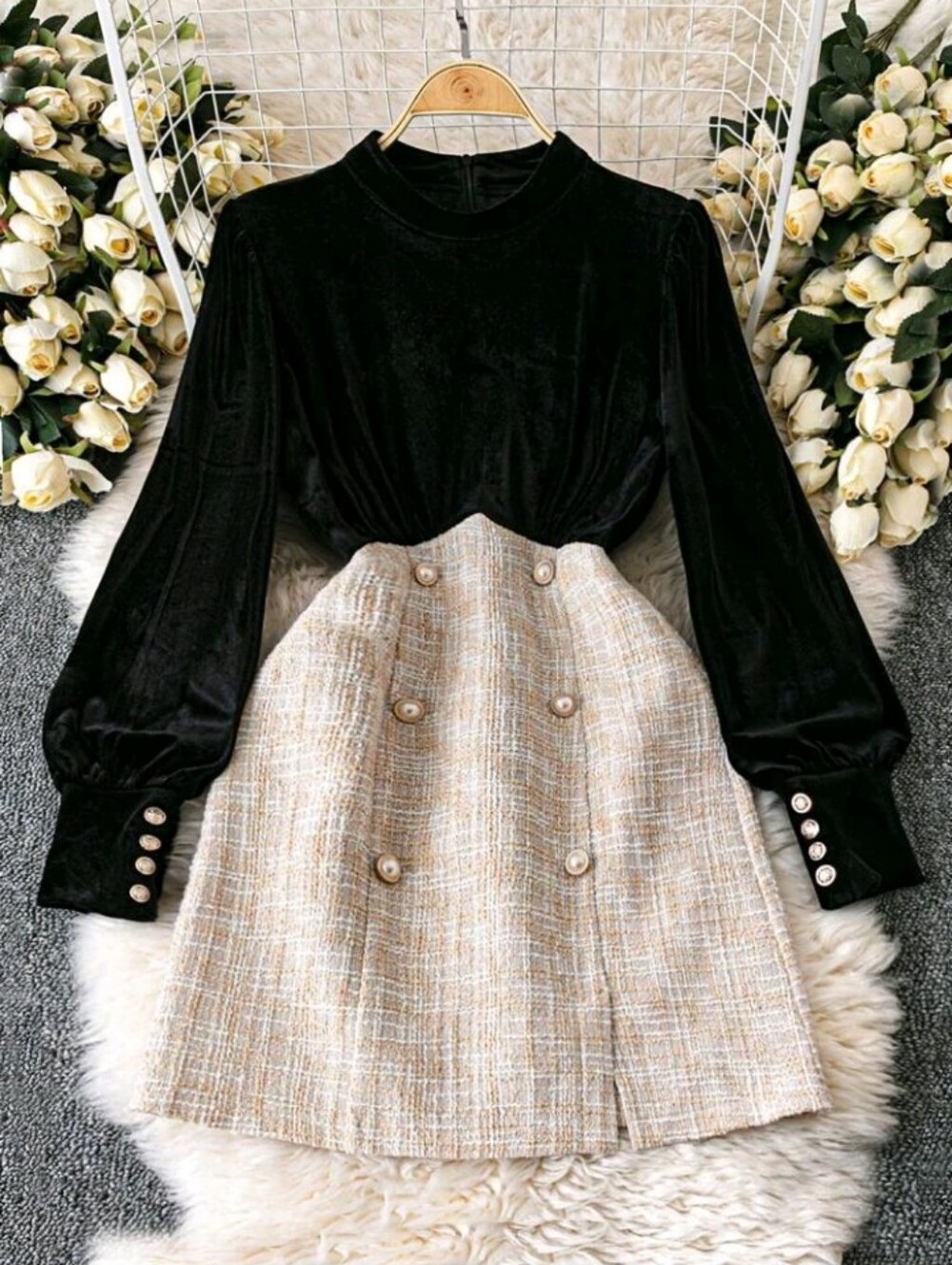 Women's Long Sleeve Velvet Patchwork Tweed Elegant Design Midi Dress